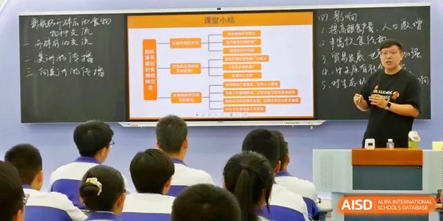 A classroom of students observes a large digital screen showing an orange and white educational diagram at Yinchuan No.1 High School.