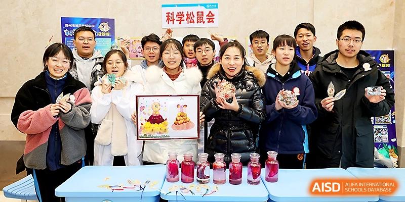 Students and teachers proudly display colorful science projects and bottled specimens in a classroom at Zhengzhou No.4 Middle School