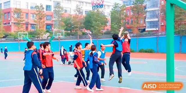 A group of students plays a fast-paced basketball game during an outdoor physical education session at Zibo International Academy At Hi-Tech Zone.