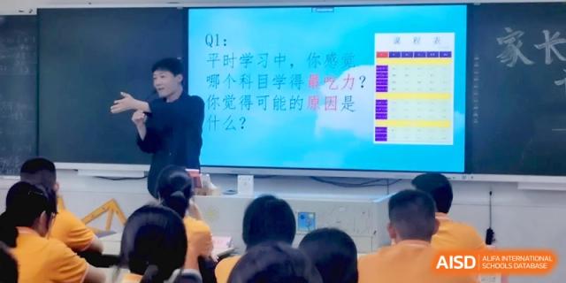 A teacher stands before a large digital screen displaying a quiz to the class at the Affiliated High School of Fujian Normal University.