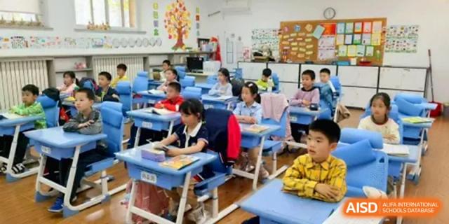 Primary students sit attentively at their desks in a well-organized classroom with educational posters displayed on the back wall at Beijing Haidian Rising Experimental School
