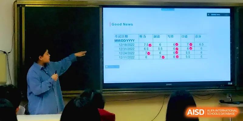 A hand points to a digital display showing a "Good News" table with test scores and dates at Qingdao Experimental High School.