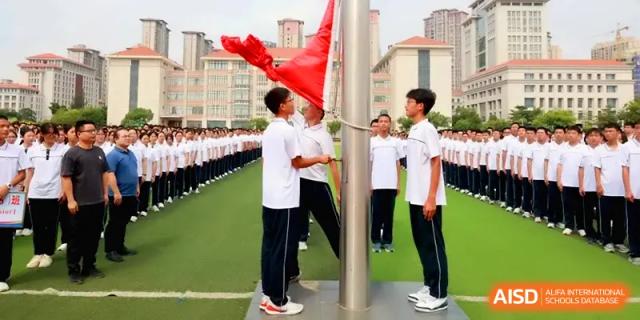Students participate in a formal flag-raising ceremony on the school grounds during a morning assembly at Quanzhou No. 5 Middle School.