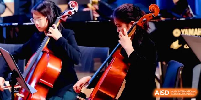 A student playing the cello with concentration during a classical music rehearsal at Shenzhen Mingwan School.