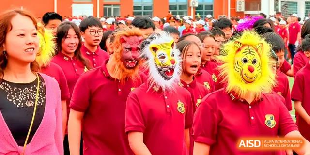 Students in red shirts wear various animal masks, including a lion and a tiger, during a festive school event at Xiwai International School.