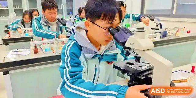 A student in a teal tracksuit focuses intently while using a microscope in a biology lab at Yangzhou High School of Jiangsu Province.