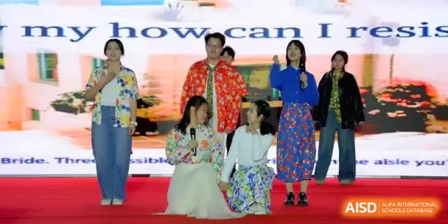 Performers engage in a theatrical skit on stage during a school talent show at Yangzhou High School of Jiangsu Province.