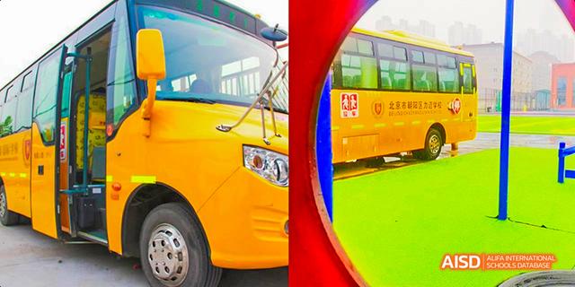 A school bus is parked at Beijing Limai (International) School.