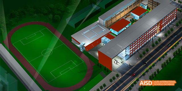 An aerial view of the campus and athletic track at Beijing Limai (International) School.