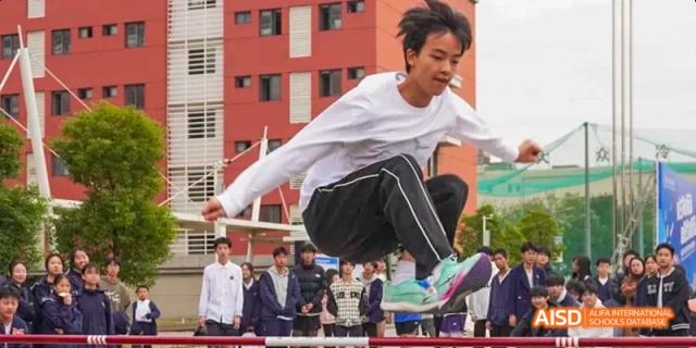 A student at Beijing Limai (International) School practices parkour.