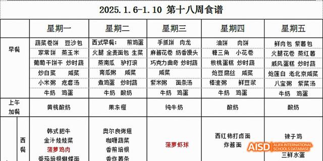 A menu with a variety of food options at Beijing Limai (International) School.