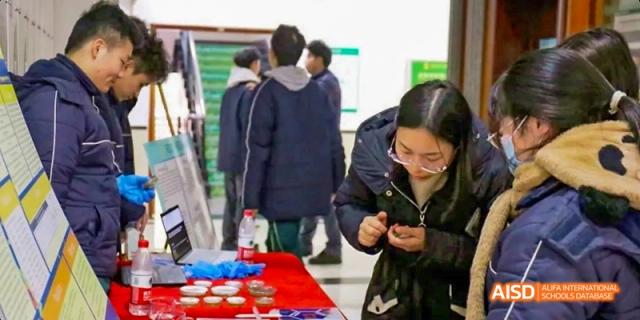 A group of students in jackets examining small objects or apparatus on a table at a science fair or activity booth at Maple Leaf International School Chongqing.