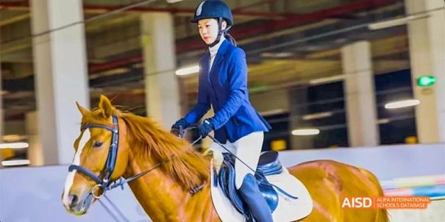 A student from Fettes College Guangzhou wearing a navy blue riding jacket and white jodhpurs while riding a brown horse in an equestrian activity.