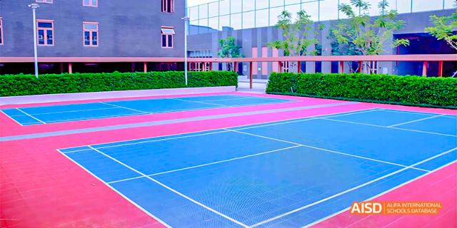 The outdoor sports court at Fettes College Guangzhou with bright blue and pink markings, surrounded by fencing and the school building in the background.
