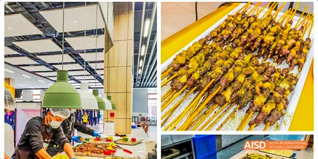A close-up view of many skewered meats (kebabs) being prepared and served in the dining area or at an outdoor event at Fettes College Guangzhou.