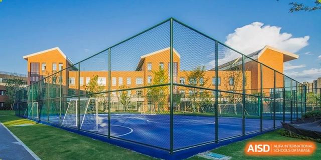 A tennis court with a blue surface and a green net. Hangzhou Dipont School of Arts and Science.