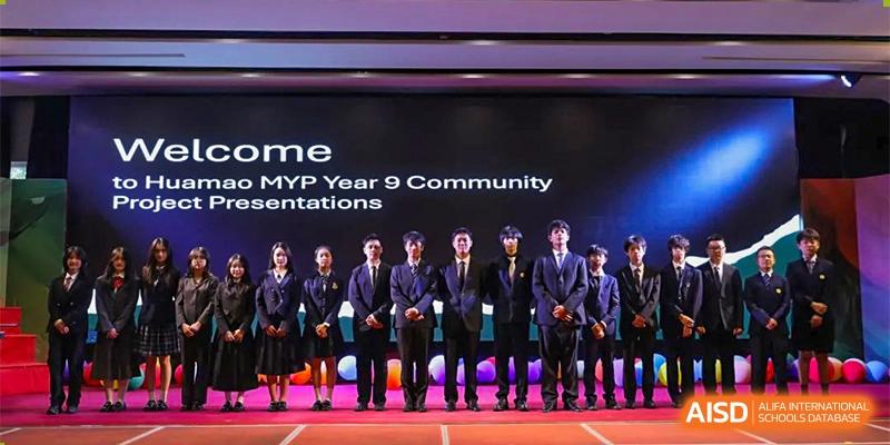 Ningbo Huamao International School students and teachers on stage for the MYP Year 9 Community Presentations.