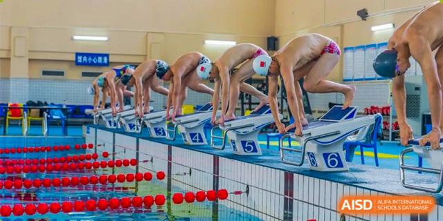 Ningbo Huamao International School students lined up on diving blocks at the edge of a swimming pool, ready to dive.