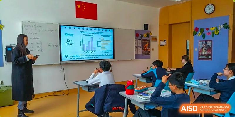 Qingdao MINGDE School students learning in a classroom with a large screen displaying charts and data.