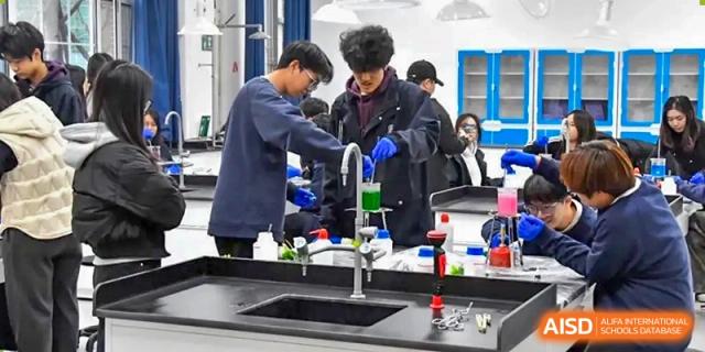 Qingdao MINGDE School students collaborating on a science project at a lab sink.