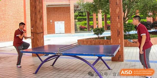 An outdoor blue and black ping pong table located in a paved courtyard area on the campus of Yichang Tianwen International School.