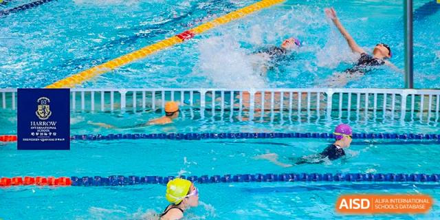 Harrow International School Shenzhen students swimming in a pool, with one person performing the backstroke and another wearing a yellow swim cap.