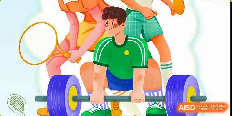 A colorful illustration of a person weightlifting or performing a strength exercise, representing fitness activities at Shenzhen Yunding School.