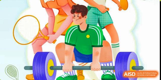 A colorful illustration of a person weightlifting or performing a strength exercise, representing fitness activities at Shenzhen Yunding School.