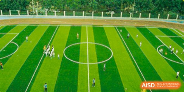An aerial view of the vibrant green soccer or football field at Shenzhen Yunding School with a few people playing.
