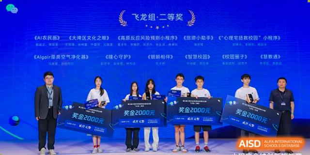 Students from Chongqing BI Academy pose with a trophy and a large check for winning a competition.