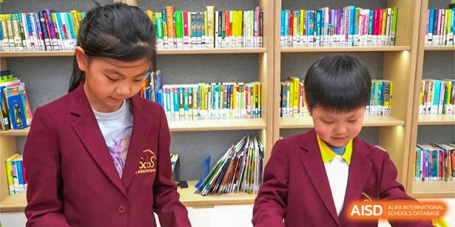 A young male student from Shanghai Concord Bilingual School stands in front of bookshelves in a library.