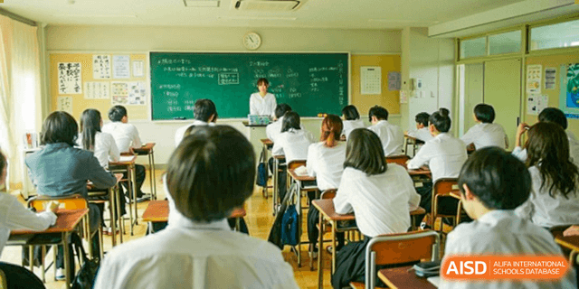 Students at Shanghai International High School of BANZ sitting in their classroom, listening to a teacher writing on the blackboard.