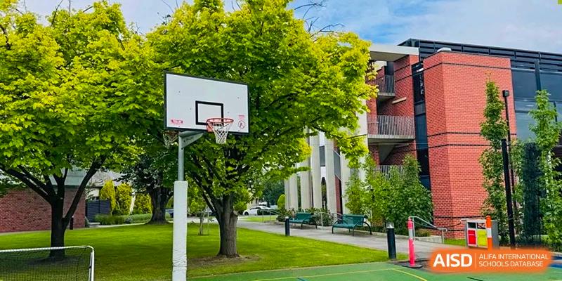 A basketball hoop and court at Shanghai International High School of BANZ surrounded by trees and a building.