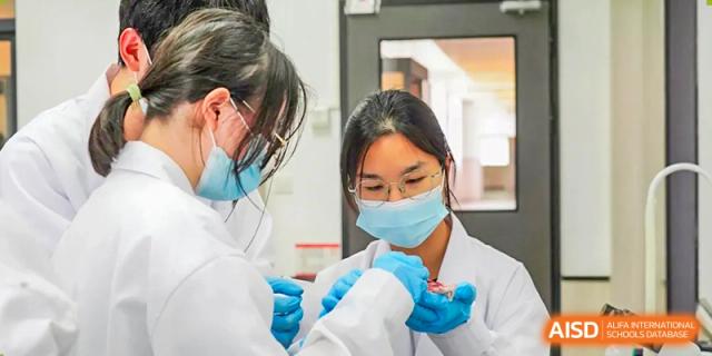 Two female students from The Affiliated School of JNU for Hong Kong & Macau Students (ASJ Dongguan) are working on a science experiment.