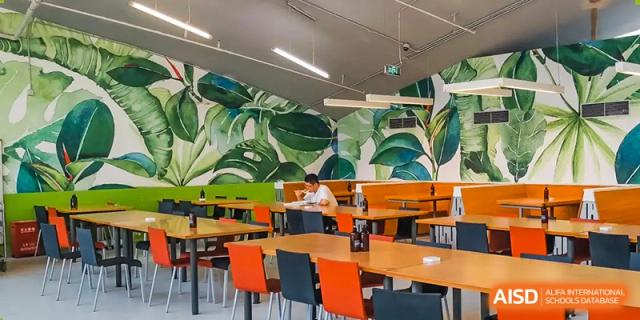 A student is seated in a dining hall with a large mural of palm leaves on the wall at Vanke Meisha Academy.