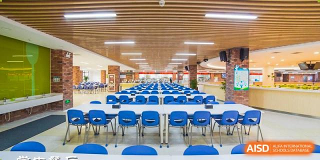 A large auditorium or lecture hall with rows of blue chairs, showcasing facilities at Yiwu International Academy.