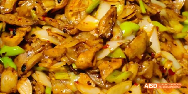 A stir-fry dish with sliced vegetables and pieces of meat or tofu in a brown sauce. Beijing No.4 High School International Courses Jialian Campus.
