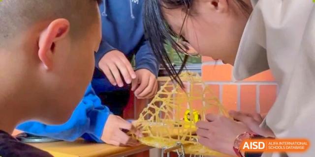 A close-up of students working hands-on with materials for a project or experiment at Wuxi Big Bridge Academy.