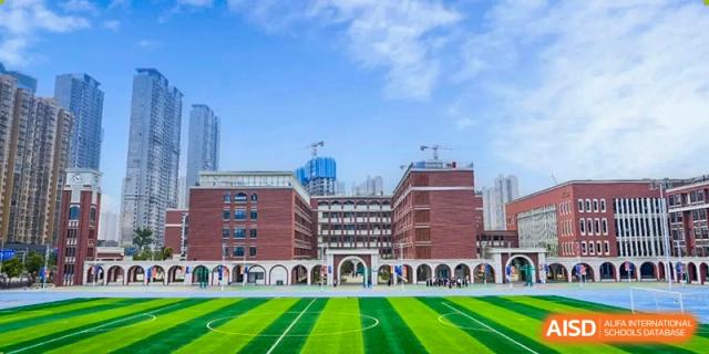 An exterior view of a large, traditional-style school building with a green sports field in the foreground under a blue sky at Changjun Bilingual School Of Changsha City.