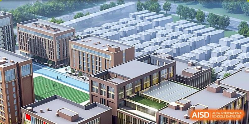 Aerial view of the modern campus buildings and surrounding area of Cogdel Cranleigh High School.