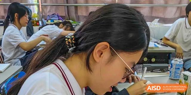 A close-up of a female student wearing glasses, studying intently or working on an assignment at Oxstand International School, Shenzhen.