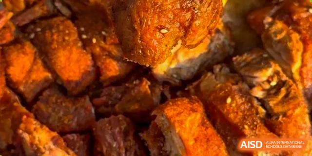 A close-up of savory, braised, or roasted meat (possibly pork or chicken) cut into cubes, representing HEALTH & NUTRITION at Shanghai United International School (SUIS-Jiaoke) Jiaoke Campus.