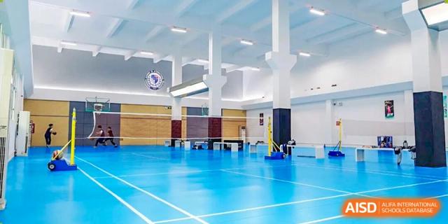 A spacious indoor multi-purpose sports court with bright blue flooring and high ceilings used for student physical activities at Shenzhen Academy of International Education.
