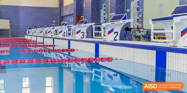 A view of a professional indoor swimming pool featuring numbered starting blocks and red lane dividers at Shen Wai International School.