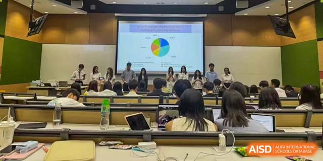 A group of students stands before a large projection screen displaying a pie chart while presenting a project at Zhongshan Sanxin School International Department.