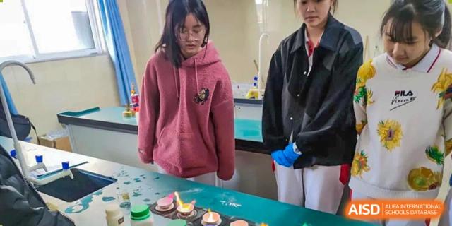 Students in a laboratory observe small controlled flames on a green lab bench during a practical science lesson at Zhongshan Sanxin School International Department.