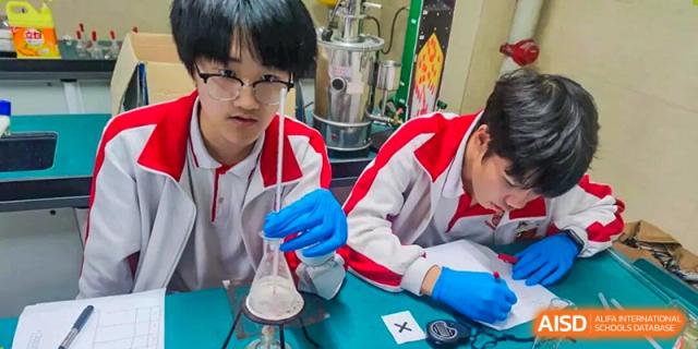 A student wearing blue protective gloves carefully uses a pipette to conduct a chemistry experiment in a lab at Zhongshan Sanxin School International Department.