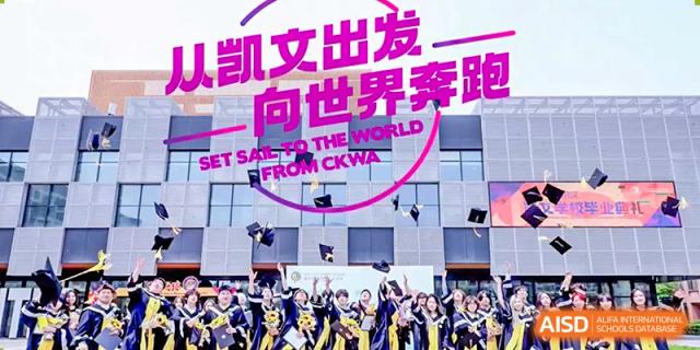 A motivational poster features graduates tossing their caps with the inspiring slogan "Set Sail to the World" displayed across the image at Beijing Chaoyang KaiWen Academy.