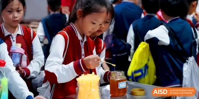 A young student focuses on a health and nutrition experiment during a classroom workshop at Beijing Haidian Foreign Language Shi Yan School Hainan Campus.